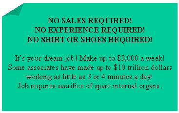 NO SALES REQUIRED! It's like Magic except with no card tricks, talented bunnies, or hot bim assistants.